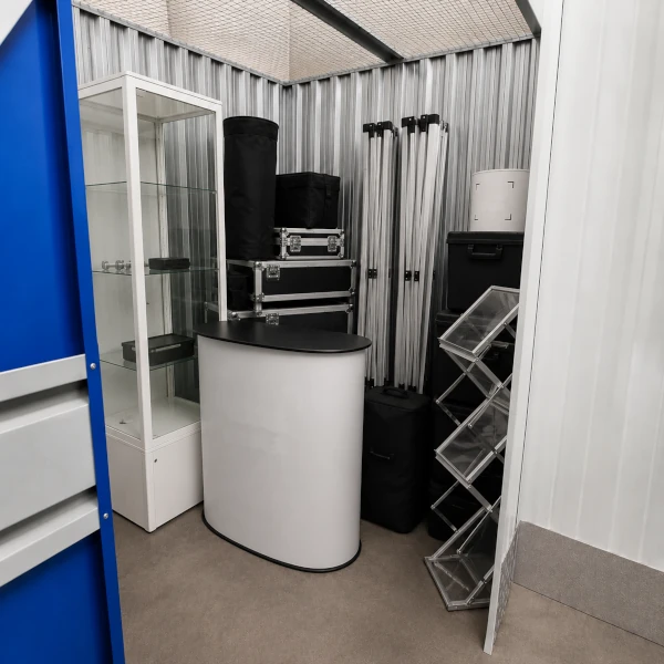 Box de stockage 15 m³ pour professionnel, illustration pour visualiser la capacité de stockage avec du matériel de stand pour salon de représentation commerciale